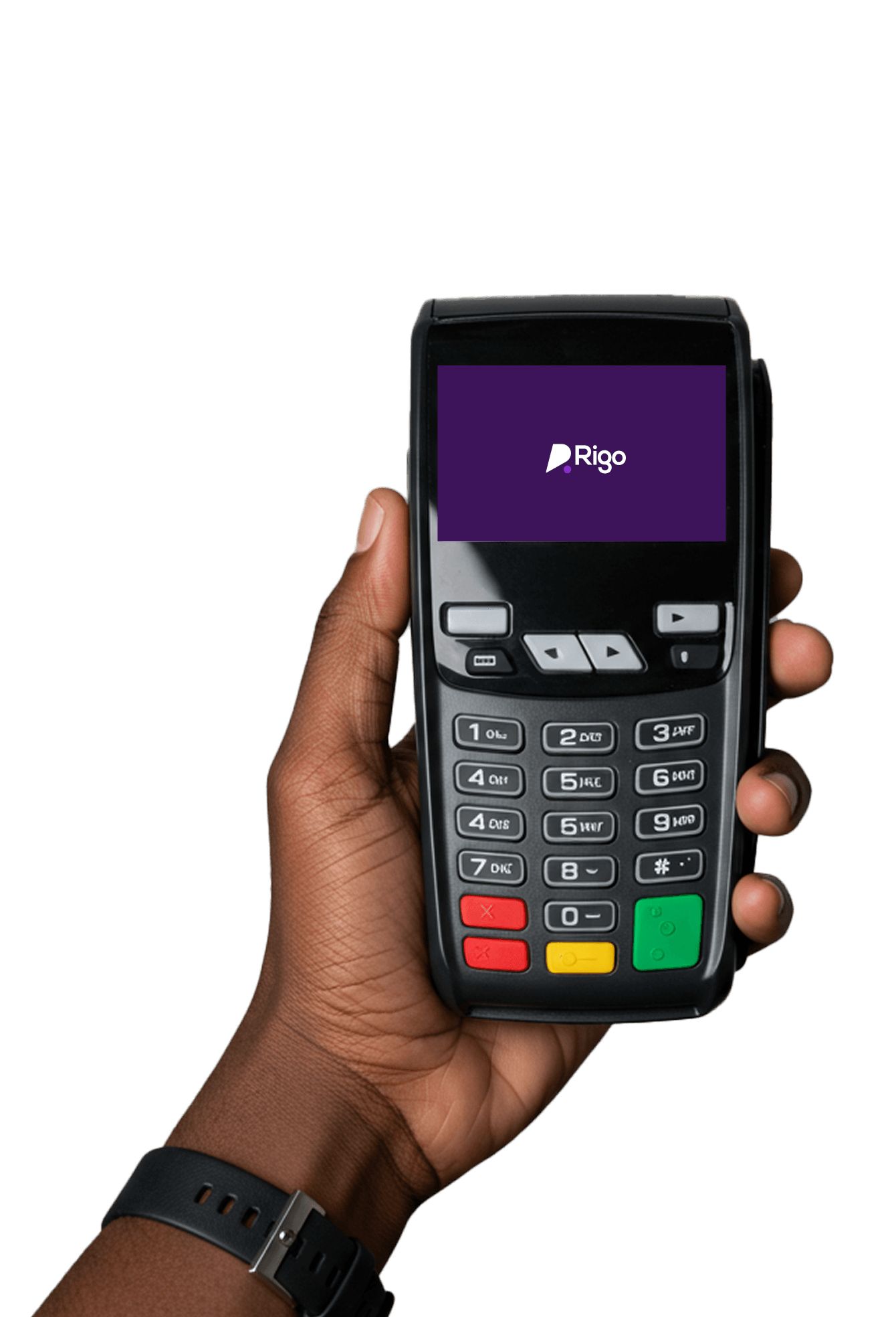 A hand holding a Rigo POS terminal